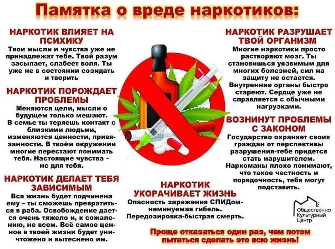 Памятка о вреде наркотиков.